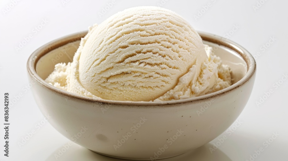 A single scoop of ice cream in a plain bowl, white background,
