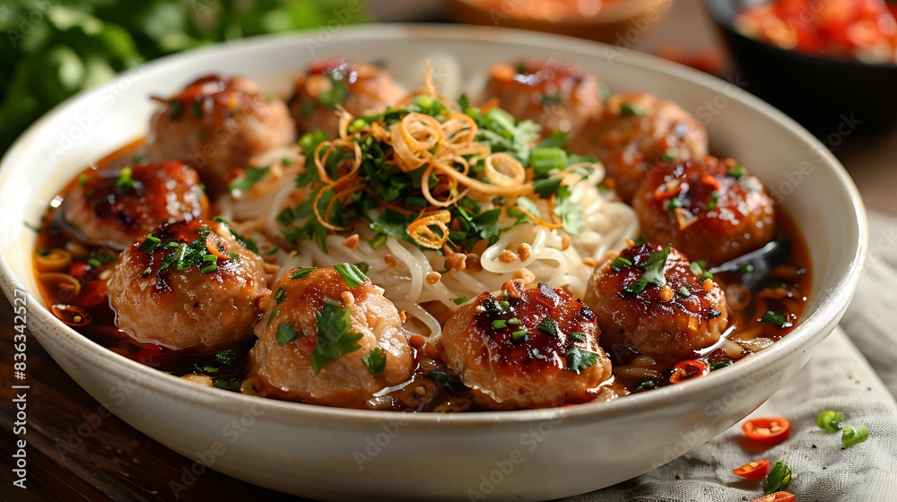 A plate of bakso with a rich broth, tender meatballs, noodles, and tofu, garnished with fresh cilantro and fried shallots. A plate of bakso with a rich broth, tender meatballs, noodles, and tofu, garnished with fresh cilantro and fried shallots.