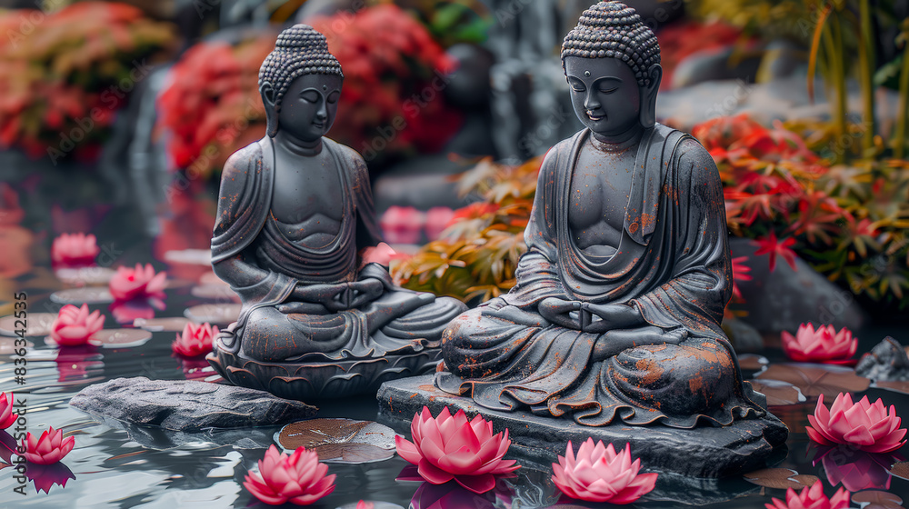 Serene Buddha Statue Amidst Blooming Lotus Flowers: A Tranquil Scene Capturing Spiritual Harmony, Peaceful Reflection, and Natural Beauty in a Mystical Water Garden Wallpaper Digital Art Poster Serene Buddha Statue Amidst Blooming Lotus Flowers: A Tranquil Scene Capturing Spiritual Harmony, Peaceful Reflection, and Natural Beauty in a Mystical Water Garden Wallpaper Digital Art Poster