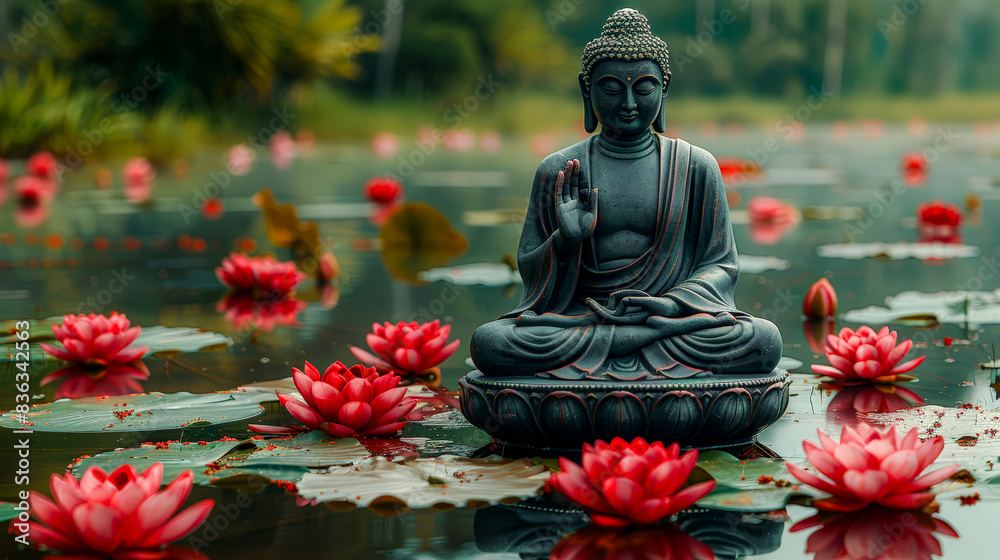 Serene Buddha Statue Amidst Blooming Lotus Flowers: A Tranquil Scene Capturing Spiritual Harmony, Peaceful Reflection, and Natural Beauty in a Mystical Water Garden Wallpaper Digital Art Poster Serene Buddha Statue Amidst Blooming Lotus Flowers: A Tranquil Scene Capturing Spiritual Harmony, Peaceful Reflection, and Natural Beauty in a Mystical Water Garden Wallpaper Digital Art Poster