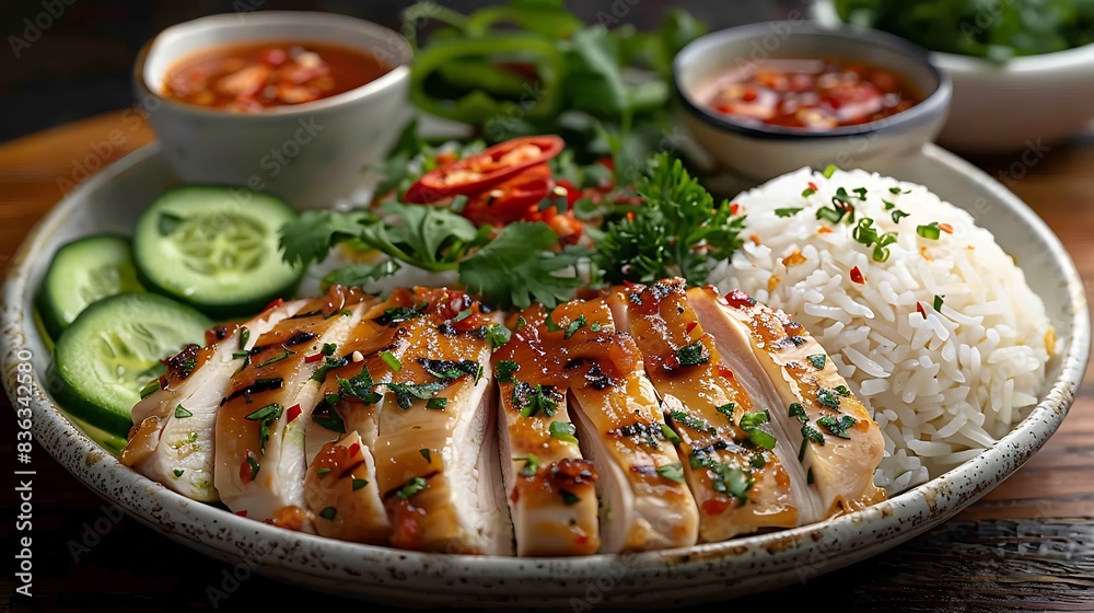 A plate of chicken rice with tender poached chicken slices on fragrant oily rice, garnished with fresh cilantro and cucumber slices. A plate of chicken rice with tender poached chicken slices on fragrant oily rice, garnished with fresh cilantro and cucumber slices.