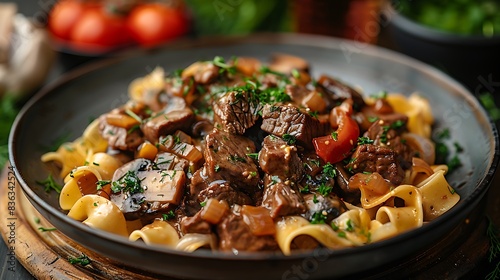 A plate of beef stroganoff with tender beef strips, mushrooms, and onions in a creamy sauce, served over egg noodles.