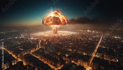 A large nuclear explosion engulfs a city at night, seen from a high angle, with buildings illuminated by the blasts light