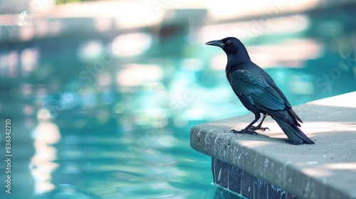 A black grackle is perched by the side of a pool photo