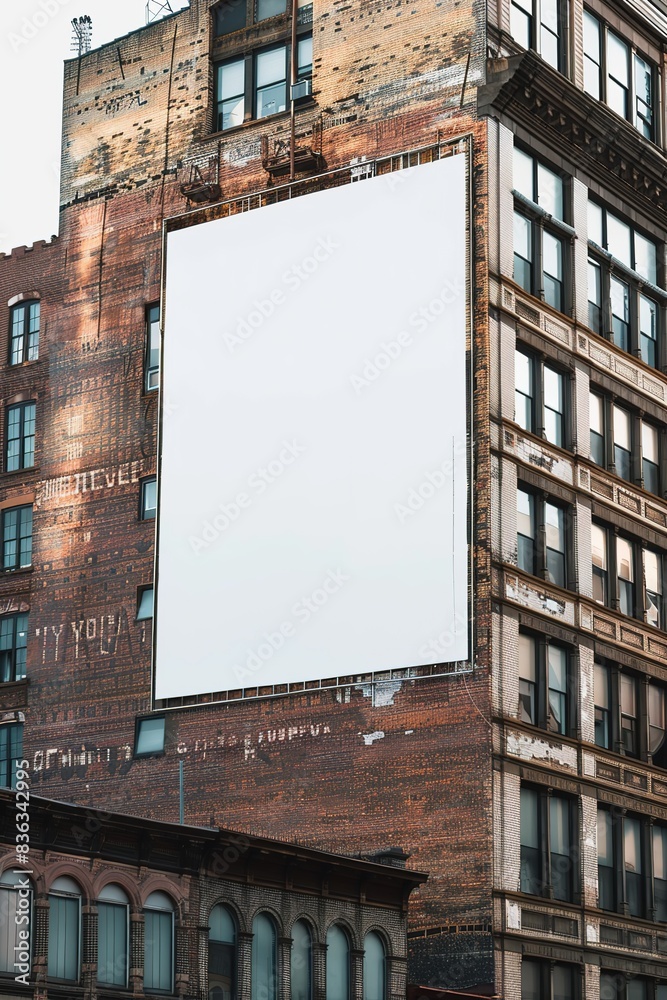 A blank billboard on the side of an old brick building in New York City, no people, mockup photography, white screen, daylight, summer day, high resolution, high quality A blank billboard on the side of an old brick building in New York City, no people, mockup photography, white screen, daylight, summer day, high resolution, high quality