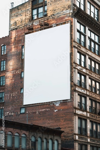 A blank billboard on the side of an old brick building in New York City, no people, mockup photography, white screen, daylight, summer day, high resolution, high quality