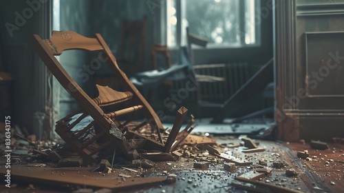 Splintered wooden chair tipped over in an otherwise orderly room. 8k, realistic, full ultra HD, high resolution and cinematic photography