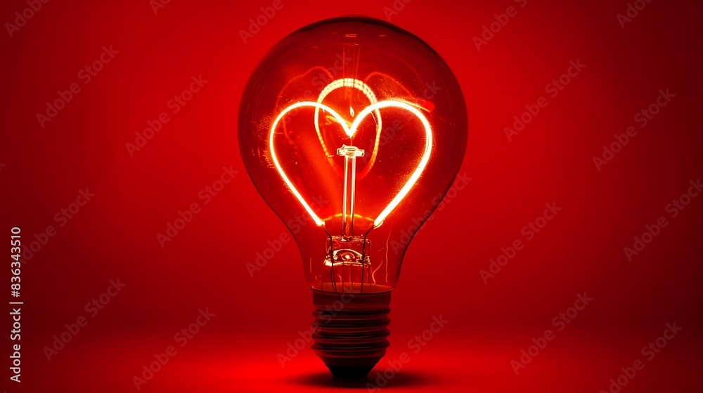 Glowing heart filament inside a light bulb, expressing affection on red. Glowing heart filament inside a light bulb, expressing affection on red.