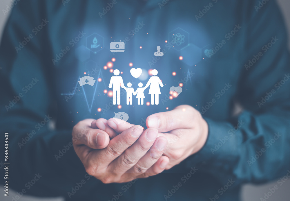 hand holding icon family  insurance concept. protection health children. The concept of  home protection.