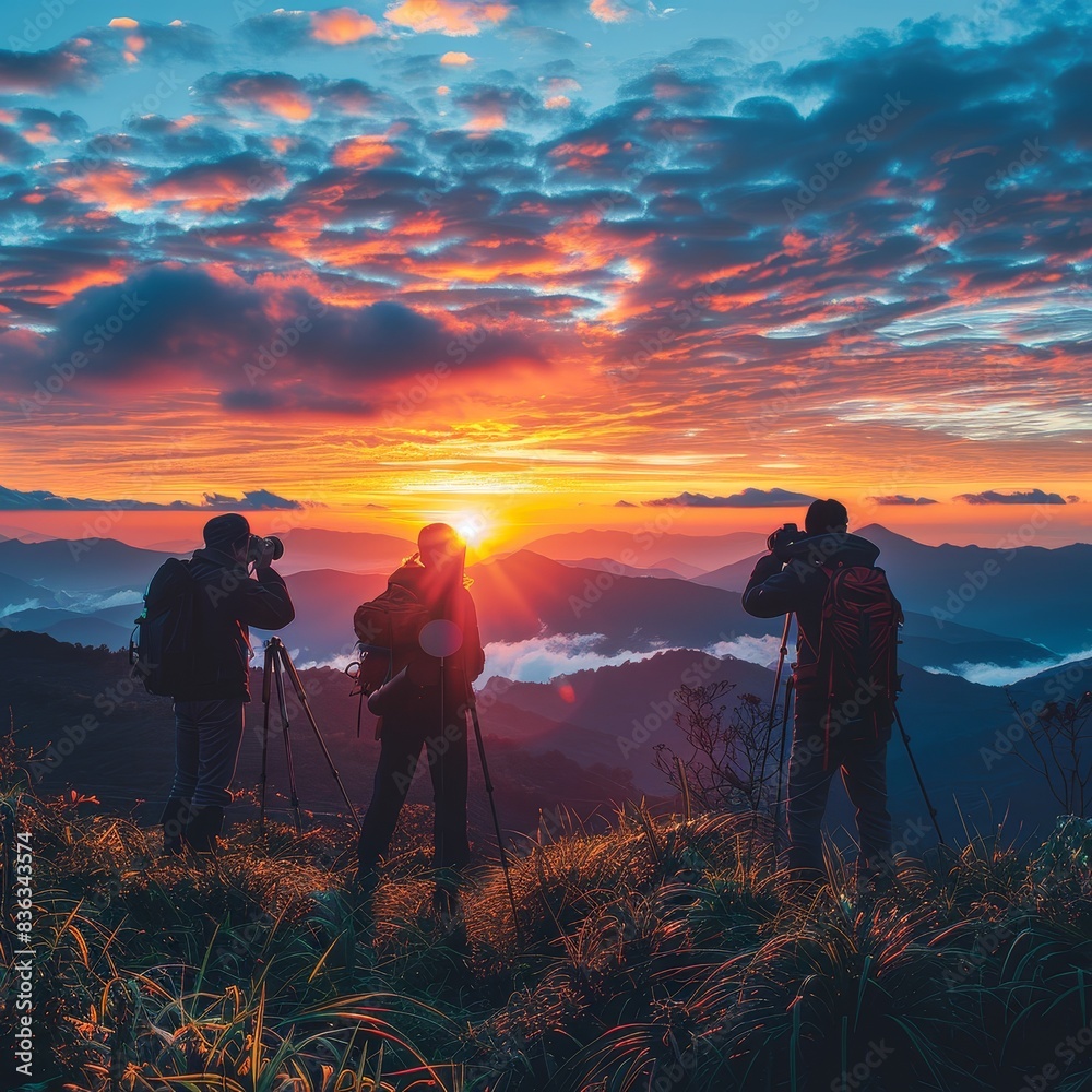 Fototapeta premium Photographers capturing sunrise over mountains, World Photography Day