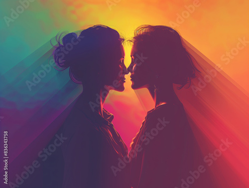 silhouette of two adult women in an intimate moment against a rainbow background  lgbti pride  lesbian love  colorful  abstract art.