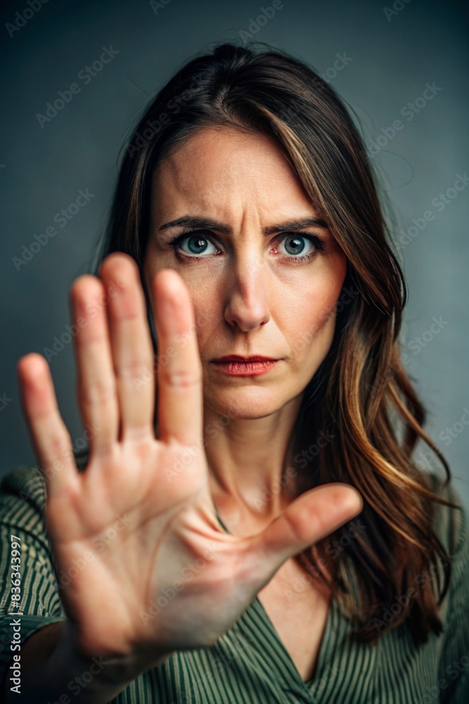 portrait of a 36-year-old woman who puts her hand out with her palm forward covering her face portrait of a 36-year-old woman who puts her hand out with her palm forward covering her face