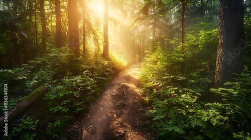 Sunrise illuminating a narrow hiking trail through dense forest. 8k, realistic, full ultra HD, high resolution and cinematic photography