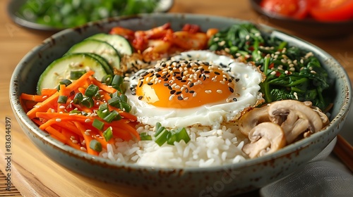 A serving of vegetarian bibimbap, featuring a variety of fresh vegetables like zucchini, mushrooms, carrots, and spinach, arranged beautifully on steamed rice and topped with a fried egg.