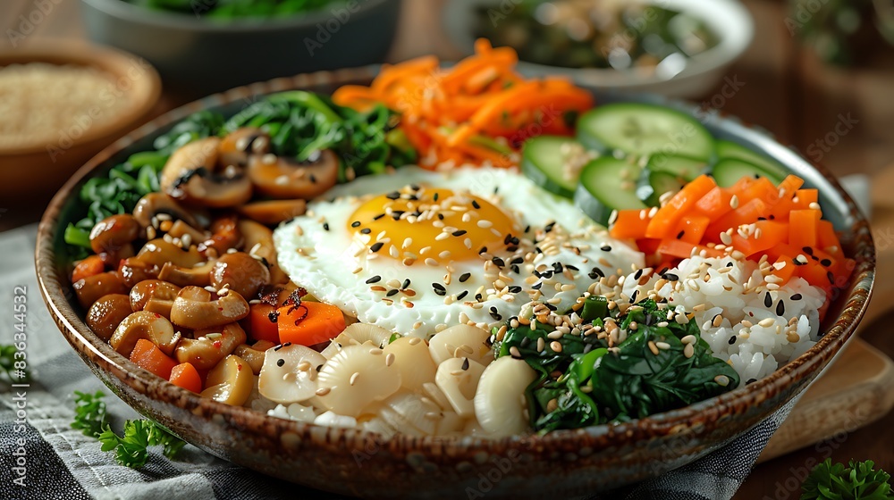A serving of vegetarian bibimbap, featuring a variety of fresh vegetables like zucchini, mushrooms, carrots, and spinach, arranged beautifully on steamed rice and topped with a fried egg. A serving of vegetarian bibimbap, featuring a variety of fresh vegetables like zucchini, mushrooms, carrots, and spinach, arranged beautifully on steamed rice and topped with a fried egg.