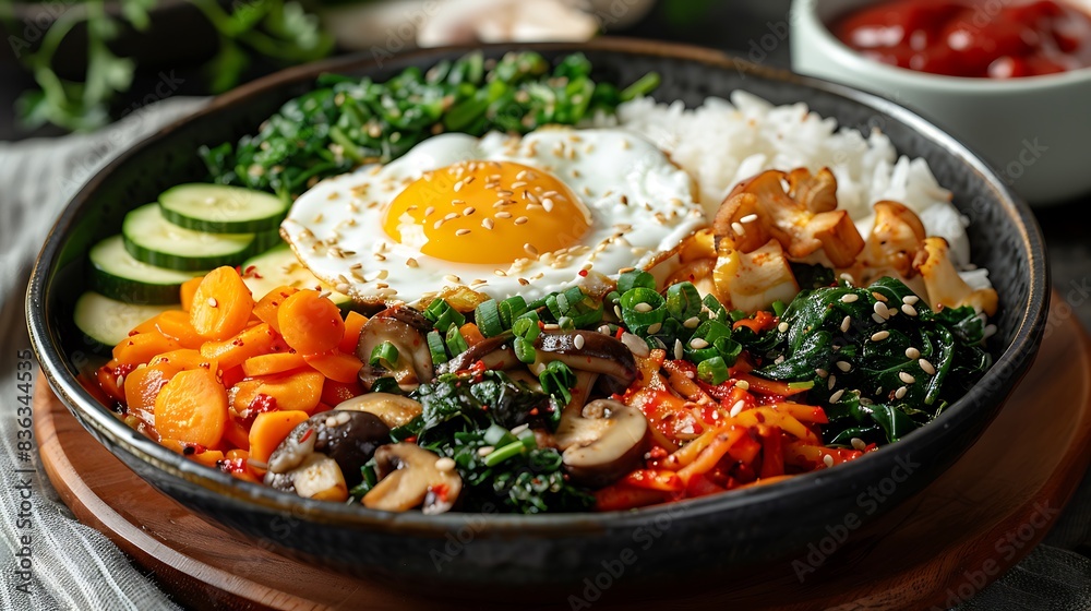 A serving of vegetarian bibimbap, featuring a variety of fresh vegetables like zucchini, mushrooms, carrots, and spinach, arranged beautifully on steamed rice and topped with a fried egg. A serving of vegetarian bibimbap, featuring a variety of fresh vegetables like zucchini, mushrooms, carrots, and spinach, arranged beautifully on steamed rice and topped with a fried egg.