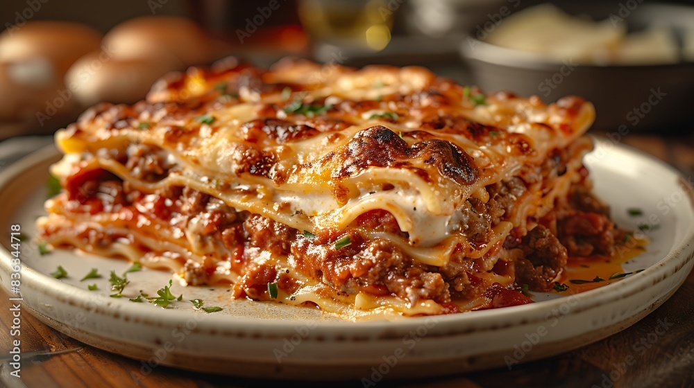 A slice of lasagna with layers of pasta, hearty meat sauce, creamy béchamel, and melted cheese, garnished with parsley. A slice of lasagna with layers of pasta, hearty meat sauce, creamy béchamel, and melted cheese, garnished with parsley.