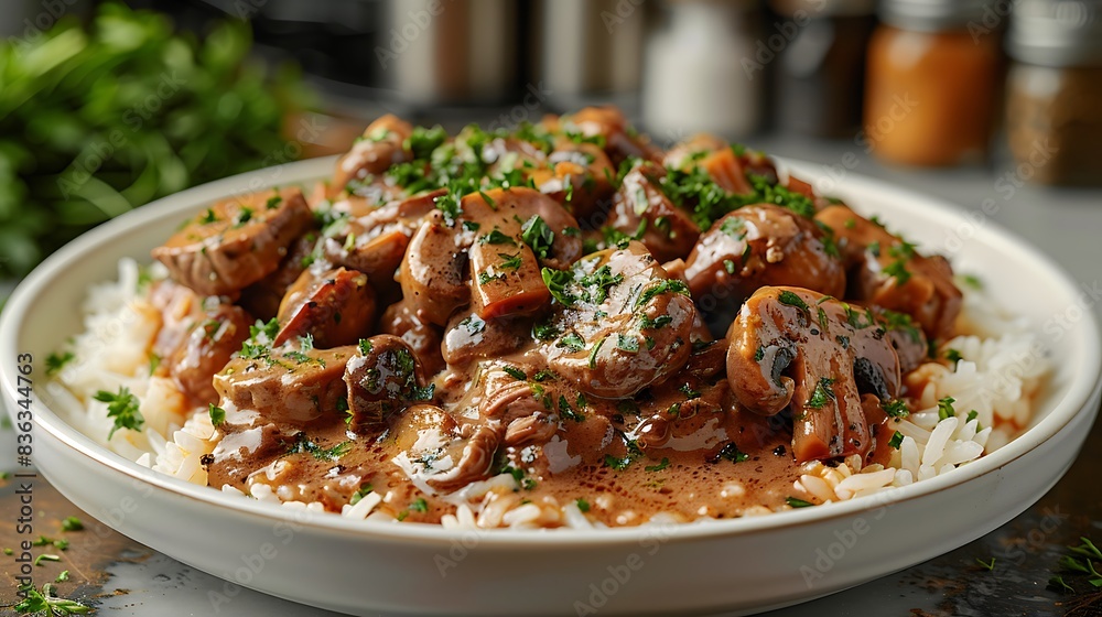 A traditional beef stroganoff with tender beef, mushrooms, and onions in a creamy sauce, served over a bed of fluffy white rice. A traditional beef stroganoff with tender beef, mushrooms, and onions in a creamy sauce, served over a bed of fluffy white rice.