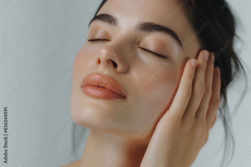 Beautiful woman with perfect, clean, fresh skin touching her face and closed eyes isolated on a gray background, Beautiful woman with perfect, clean, fresh skin touching her face and closed eyes isolated on a gray background,