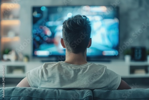 Back view of man sitting on soft sofa and watching tv