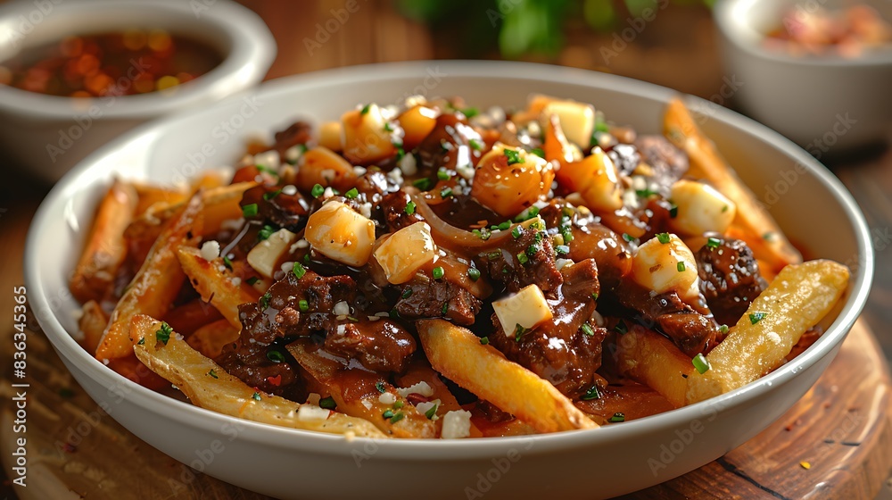 A traditional poutine with crispy fries, fresh cheese curds, and a rich beef gravy, served in a simple white bowl. A traditional poutine with crispy fries, fresh cheese curds, and a rich beef gravy, served in a simple white bowl.