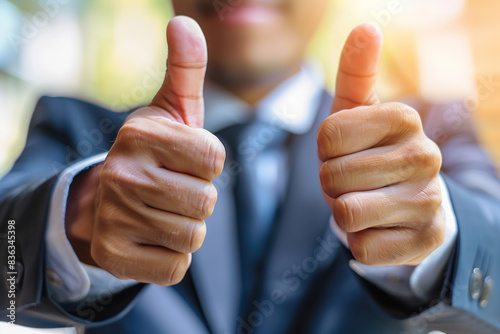 Businessman hands shows thumb up sign gesture