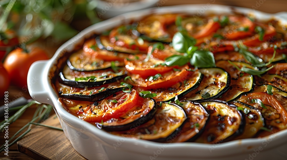 A vibrant ratatouille, with thin slices of tomatoes, zucchini, and eggplant, arranged in a spiral pattern and garnished with fresh basil.