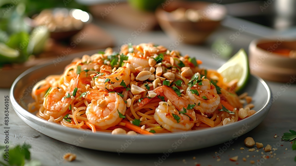 An appetizing plate of Pad Thai with rice noodles, vegetables, and shrimp, topped with crushed peanuts and lime wedges. An appetizing plate of Pad Thai with rice noodles, vegetables, and shrimp, topped with crushed peanuts and lime wedges.