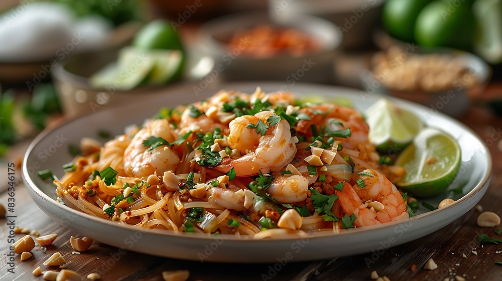 An appetizing plate of Pad Thai with rice noodles, vegetables, and shrimp, topped with crushed peanuts and lime wedges. An appetizing plate of Pad Thai with rice noodles, vegetables, and shrimp, topped with crushed peanuts and lime wedges.