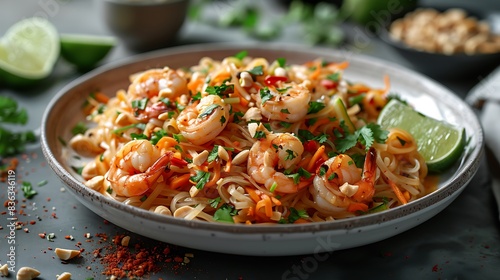 An appetizing plate of Pad Thai with rice noodles, vegetables, and shrimp, topped with crushed peanuts and lime wedges.