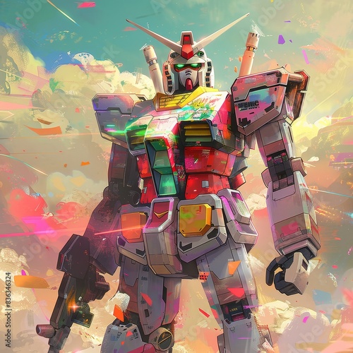 Wallpaper Mural A colorful mechanical robot standing triumphantly against a vibrant sky filled with clouds and confetti Torontodigital.ca