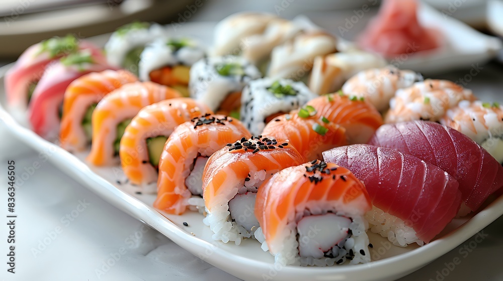 An artistic arrangement of sushi, including eel nigiri, spicy tuna rolls, and cucumber maki, on a pristine white plate. An artistic arrangement of sushi, including eel nigiri, spicy tuna rolls, and cucumber maki, on a pristine white plate.