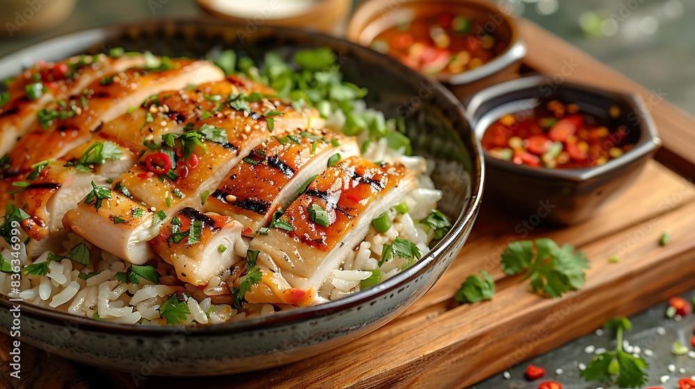 An artistic presentation of chicken rice, featuring tender poached chicken slices on fragrant oily rice, garnished with fresh cilantro. An artistic presentation of chicken rice, featuring tender poached chicken slices on fragrant oily rice, garnished with fresh cilantro.