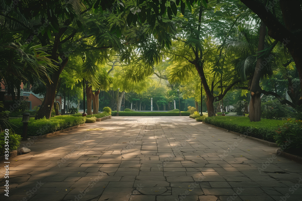 Fototapeta premium an empty square floor surrounded by lush greenery, capturing the serene natural scenery of a city park