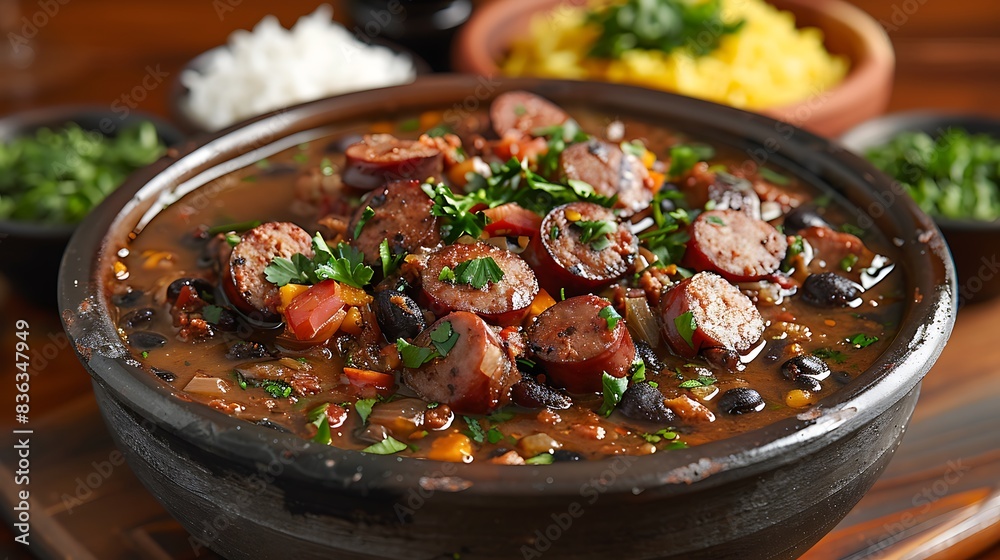 An elegant feijoada dish, featuring a hearty black bean stew with various cuts of pork and sausage, garnished with fresh cilantro. An elegant feijoada dish, featuring a hearty black bean stew with various cuts of pork and sausage, garnished with fresh cilantro.