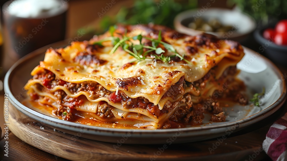 An elegant lasagna dish, featuring layers of pasta, rich meat sauce, and creamy béchamel, topped with golden melted cheese and garnished with fresh herbs. An elegant lasagna dish, featuring layers of pasta, rich meat sauce, and creamy béchamel, topped with golden melted cheese and garnished with fresh herbs.