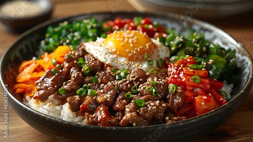 An elegant presentation of bibimbap, featuring seasoned beef, colorful vegetables, and a runny egg on top of steamed rice, garnished with sesame seeds and green onions.