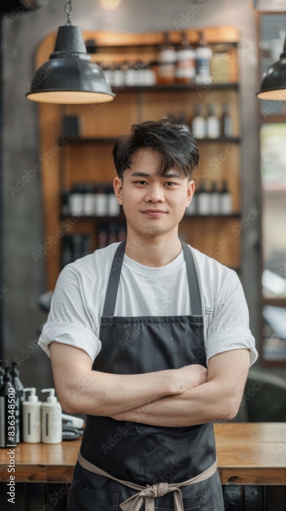 Obraz premium Portrait of a confident young asian male hairdresser in an apron standing next to a salon chair