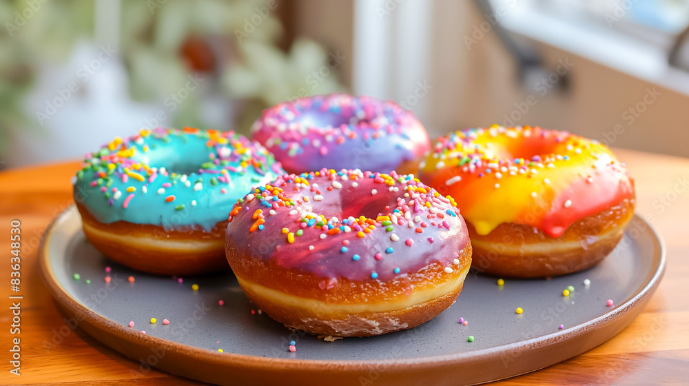 Colorful Donuts with Rainbow Frosting on a Tray. Vibrant Pastel Icing, Sugar Sprinkles Topping. Coffee Break, Party, Celebration, Bakery Display, Delivery Service. Delicious, Sweet Snack Dessert Treat Colorful Donuts with Rainbow Frosting on a Tray. Vibrant Pastel Icing, Sugar Sprinkles Topping. Coffee Break, Party, Celebration, Bakery Display, Delivery Service. Delicious, Sweet Snack Dessert Treat