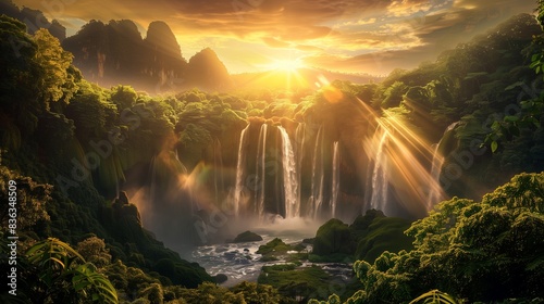 A sunrise graces a serene mountain  illuminating a hidden waterfall. The scene radiates tranquility and splendor.