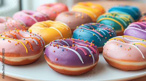 Colorful Donuts with Rainbow Frosting on a Tray. Vibrant Pastel Icing, Sugar Sprinkles Topping. Coffee Break, Party, Celebration, Bakery Display, Delivery Service. Delicious, Sweet Snack Dessert Treat