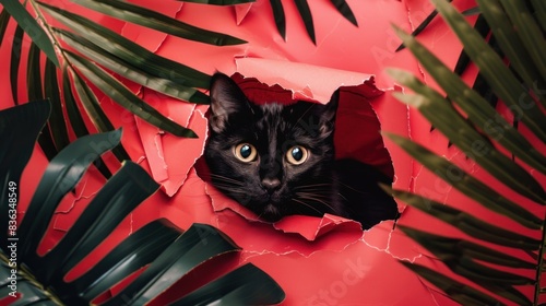 portrait A black cat peeks through a hole in torn red paper. AI generated photo