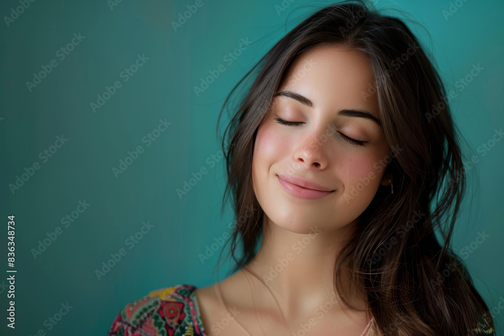 Fototapeta premium A close up of a woman's face with her eyes closed looking to a side