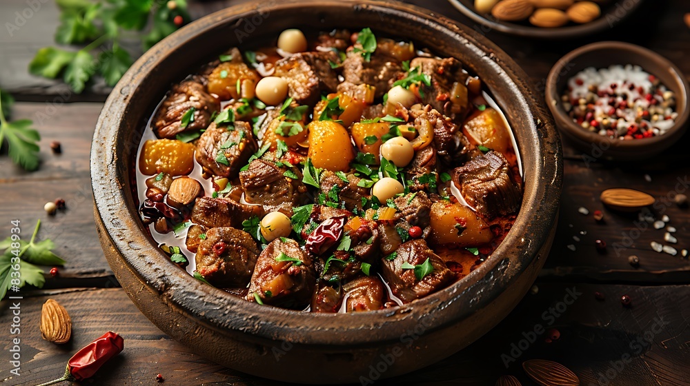 An overhead shot of a beautifully arranged lamb tagine, with tender lamb, dried fruits, and almonds, cooked in a rich, spiced sauce. An overhead shot of a beautifully arranged lamb tagine, with tender lamb, dried fruits, and almonds, cooked in a rich, spiced sauce.