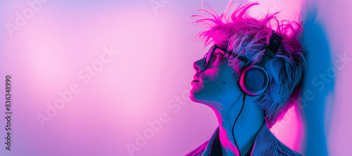 A young man with a pair of headphones on his head and sunglasses on his face. Inspired minimalist graphic, at the corner, young boy wear google and headphone with spiky neon pink hair
