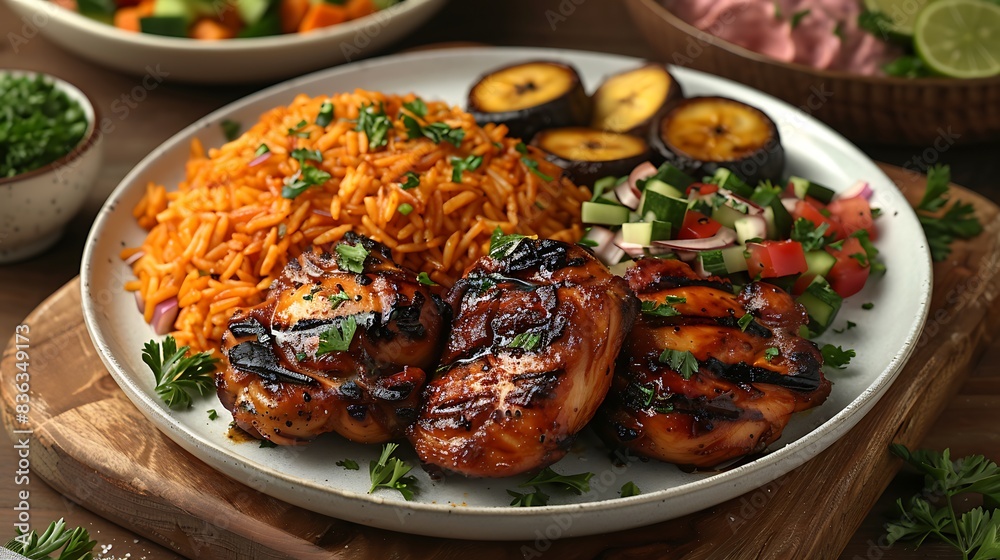 An overhead shot of a beautifully plated dish of jollof rice, with a side of fried plantains, grilled chicken, and fresh vegetable salad.