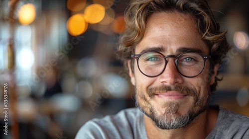Handsome man with glasses smiles genuinely as he sits in a warmly lit café, exuding a relaxed atmosphere