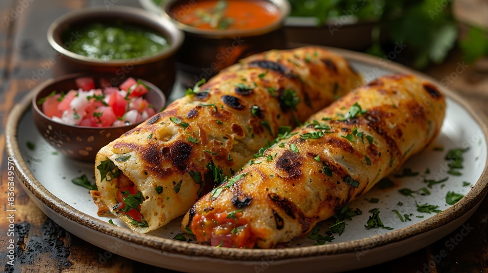 An overhead shot of a perfectly rolled masala dosa, placed on a white ceramic plate with sides of tomato chutney and coconut chutney. An overhead shot of a perfectly rolled masala dosa, placed on a white ceramic plate with sides of tomato chutney and coconut chutney.