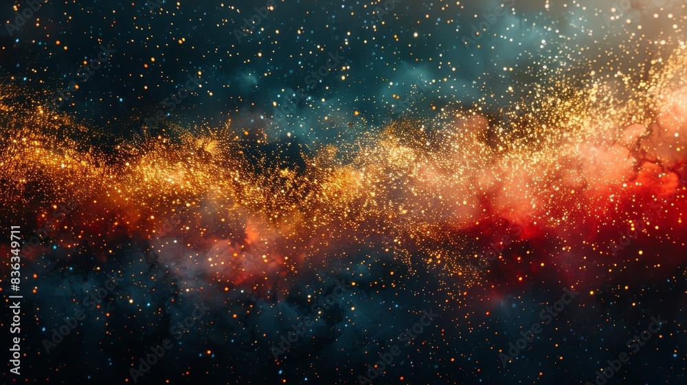 The night sky is full of tiny stars. Using a theme of red, green, and gold.