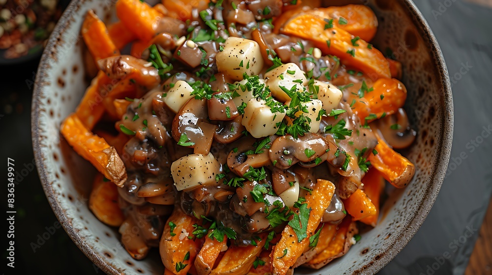 An overhead shot of gourmet poutine, showcasing sweet potato fries topped with creamy cheese curds and a luxurious mushroom gravy. An overhead shot of gourmet poutine, showcasing sweet potato fries topped with creamy cheese curds and a luxurious mushroom gravy.